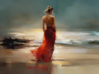 Wandbild Motiv: Die Frau am Strand im roten Kleid